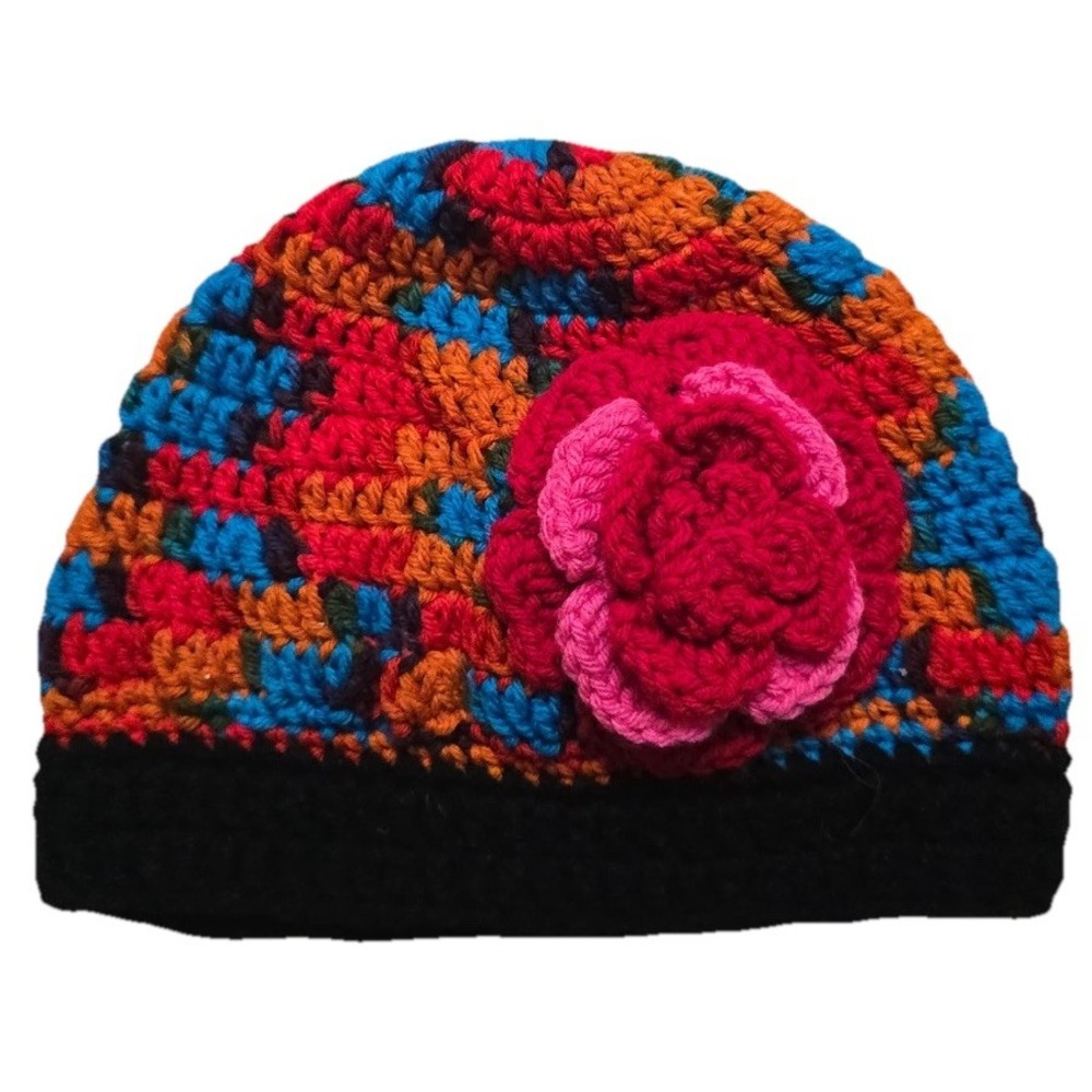 Beanie Crochet Handmade Flower Hat Women's Orange Blue Multi Knit One Size NEW